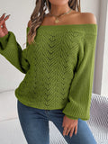 Shooting 2025 Autumn And Winter Leisure Pure Color Hollow Word Collar Shoulder Lantern Sleeve Sweater Women's