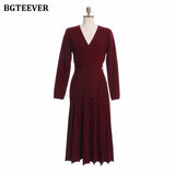 Elegant V-neck Thick Warm Women Knitted Pleated Dress Long Sleeve Belted Sashes Ladies Sweater Dress 2020 Autumn
