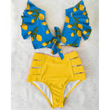 Ruffled Hem Bikini Set Women Flora V-Neck High-Waisted Two Piece Swimsuit 2023 Girl Beach Bathing Suit Swimwear