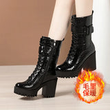 Martin Boots 2023 Autumn / Winter Cheongsam Walking Shoes Tie English Style Thick Heels Lacquered Leather Boots Women's Short