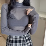 Autumn Women's Sexy See-Through Mesh Blouse Female Long Sleeve Transparent Elegant Shirt Fashion Women