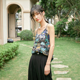 Animal Floral Print V Neck Top Women Summer Spaghetti Strap Cami Top Vintage Green Black Trendy Ladies Tops