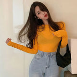 Color Slim Bottomed Shirt Women Casual Korean O-Neck Show Thin Solid Color Long Sleeve T-shirt Blouse Female