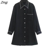 Women Fashion Rivet Appliques Single Breasted Black Mini Shirt Dress Office Lady Chic Pocket Patch A Line Vestidos