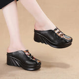 2021 Fashion Cut-outs Women Shoes Slippers Summer Closed Toe Wedge Sandals Genuine Leather Lady Slides Shoes