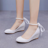 Cm White Beads Thick Bottom Heels Mary Jane's Shallow Mouth Single Shoe Ribbon Thin Wedding Dress High