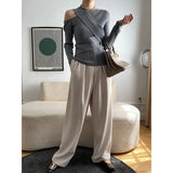 Fashion Women's Knitted Pullover Oblique Collar Slim Solid Color Long Sleeve Cross Bandage Sweater Autumn 2023 New