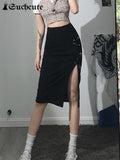 SUCHCUTE Gothic Skinny Women Skirts Korean Fashion Pin Split Vintage Black Sexy Long Skirts Hight Waist Summer StreetWear