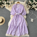 Zingj Hollowed-Out Dress Women's Bubble Sleeves New Loose Embroidery Light Ripe Wind Waist Showing A Long Skirt With Thin Lotus