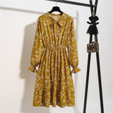 Women Casual Summer Dress Lady Korean Style Vintage Floral Printed Chiffon Shirt Dress Long Sleeve Bow Midi Summer Dress