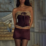 Purple Velvet Corset Crop Top And Mini Skirt Set- Outfit