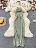 Sexy Backless Knitted Dress Women Halter Sleeveless Hollow Out Split Sundress Korean Vacation Knit Beach Long