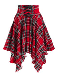 Casual Skirt Women Plaid Print Lace-Up Handkerchief Layered Skirt High Waisted Gothic Lady Skirt