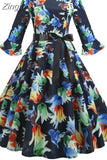 Print Vintage Dress Christmas Dress Women Winter Elegant Party Dresses Petal Sleeve Casual Midi