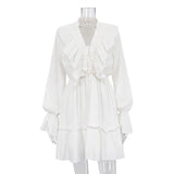 Zingj New Fashion V-Neck Pleated Horn Sleeve Flounce White Dress Spring Female Design Sense Fluffy Skirt-Outfit