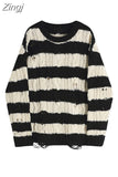 And White Striped Gothic Sweaters Women Ripped Holes Loose Knitted Pullover Frayed Fairy Grunge Jumpers Streetwear