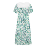 Vintage Broken Flowers Dress Lace Doll Collar Puff Short Sleeve Casual Fashion High Waist Baggy Long Skirt Ladies