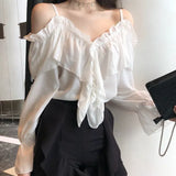 Shoulder Blouses Women Ruffles Sexy Party Design Stylish Ulzzang Solid Feminine Leisure All-match Spring Soft Popular