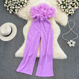 Women Elegant Long Jumpsuits Strapless Slash Neck Feather Tube Top Sexy Fashion Party Night Evening 2023