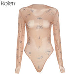 2022 Spring Print Letter Mesh Long Sleeve Slim Women Bodysuit New Simple Casual See Through Streetwear Basic