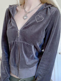 Y2K Aesthetics Zip Up Rhinestones Trim Brown Velour Hoodies 90s Vintage Streetwear Hooded Pockets Long Sleeve