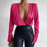 Spring Autumn Women Deep V-neck Patchwork Bodysuit Sexy Elegant Ladies Long Sleeve Skinny Blouse Jumpsuit Overalls