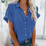 Summer Office Lady Solid Tops and Blouses Casual Turn-drow Collar Shirt for Women Elegant Short Sleeve Loose