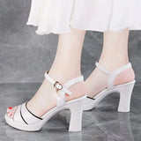 Zingj Heel Sandals 2023 Summer New White High Heel Women's Shoes Fashion Versatile One Word Buckle In The Heel Fish Mouth Shoes Women- Outfit