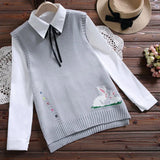 Student College Wind Sweater Vest Female Cartoon Pattern Embroidery Round Neck Sleeveless Irregular Sweater Vest