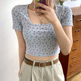 Small Floral Short-Sleeved T-shirt 2020 Spring And Summer Square Collar Short Navel Top Women Sexy Girl Female
