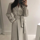 Elegant Turn-down Collar Woolen Coat Autumn Winter Thicken Warm Full Sleeve Belted Female Long Blend