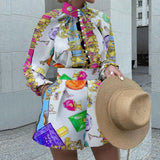 Vintage Printed Shorts Sets Womens Clothes Fashion Shirt Top + Harajuku Short Two Piece Set Spring Slim Lady Clothing