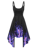 Fire Print Eyelets Asymmetric Dress Irregular Zippered Gothic Jurken Streetwear Femme