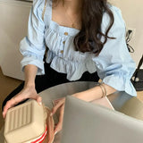 Women New Fashion Summer Blouses Ruffles Square Collar Corp Top Novelty Womens Pure Sweet Elegant Trendy Pleated