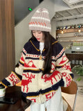 Reindeer Zipper Collar Printed Knitted Cardigan- Outfit