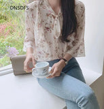 Shirts Korean Ladies Fashion Ruffle Half Sleeve Chiffon Shirt Simple Bow Tie Floral Print Blouse Women Tops Blusas
