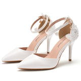 Lace Flower Wedding Shoes One-Word Wristband Bridal Shoes Fine Heel Sharp Wedding Shoes Women Sandals Car Show