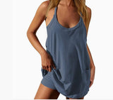 Summer Solid Sleeveless Dress Fine Shoulder Strap Vest Skirt Sports Skirt