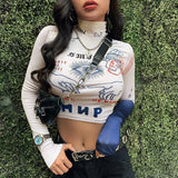 Women Long Sleeve Turtleneck Letters Print Slim Sexy Skinny T-Shirt Fashion Spring New Streetwear Basic Hip Hop Top