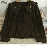 Flowers Embroidery Peter Pan Collar Blouses Women Autumn Japanese Sweet Ruffled Long Sleeve Corduroy Shirt Female