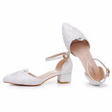 Cm Square Thick Heel Tip Hollow Sandals Spring Square With Light White Lace Mesh Bride High Heels