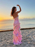 Zingj V Neck Colorful Ruffles Sling Dress Women Backless Sleeveless Slim Floor Length Robes 2024 Lady Beach Holiday Vestidos 211-1-Outfit
