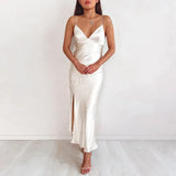 dress Female clothing y2k summer Sleeveless Sling Elegant V-neck Split fork Sexy Bodycon Lady Vintage Party White