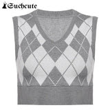 SUCHCUTE Preppy Style Plaid Printed Women Dress Sets Knitted Sleeveless Top With Skirst Casual Kawaii Streetwear Outfits