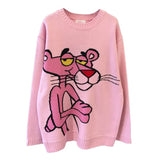 Spring Korean New Cartoon Sweater Women's Loose Leopard Round Neck Loose Casual Pullover Knitting Sweater Tops