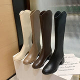 Zingj New Long Leather Boots Female Fairy Wind Casual 43 Plus Size High Heel Knight Boots Korean Version Of Leather Face High Boots Women-Outfit