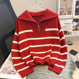 Zingj Feeling Sweater Women's Wear With Autumn And Winter 2023 New Lazy Wind Versatile Zipper Stripe Short Bottom