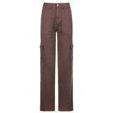 Casual Brown Jeans Woman High Waisted Cargo Pants Women Pocket Fashion Straight Long Trousers Ladies