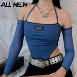 Y2K Fashion Ribbed Anomalistic Hem Cropped Tops with Mesh Sleeve E-girl Backless Lace Up Halter Tanks Streetwear
