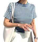 ice cream color tee-shirt female short Cute t-shirt striped slim knitting Top Short Sleeve